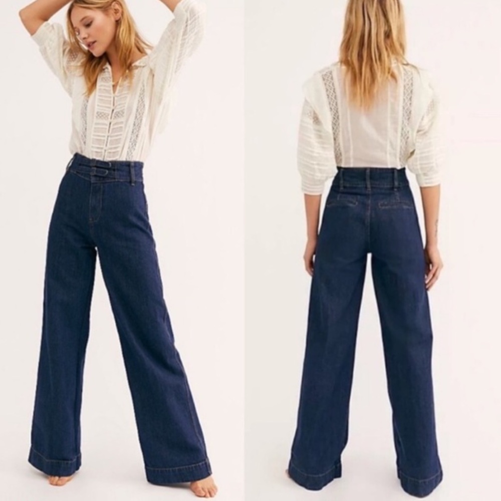 NEW Free People big Bell wide flare leg Jeans Blue